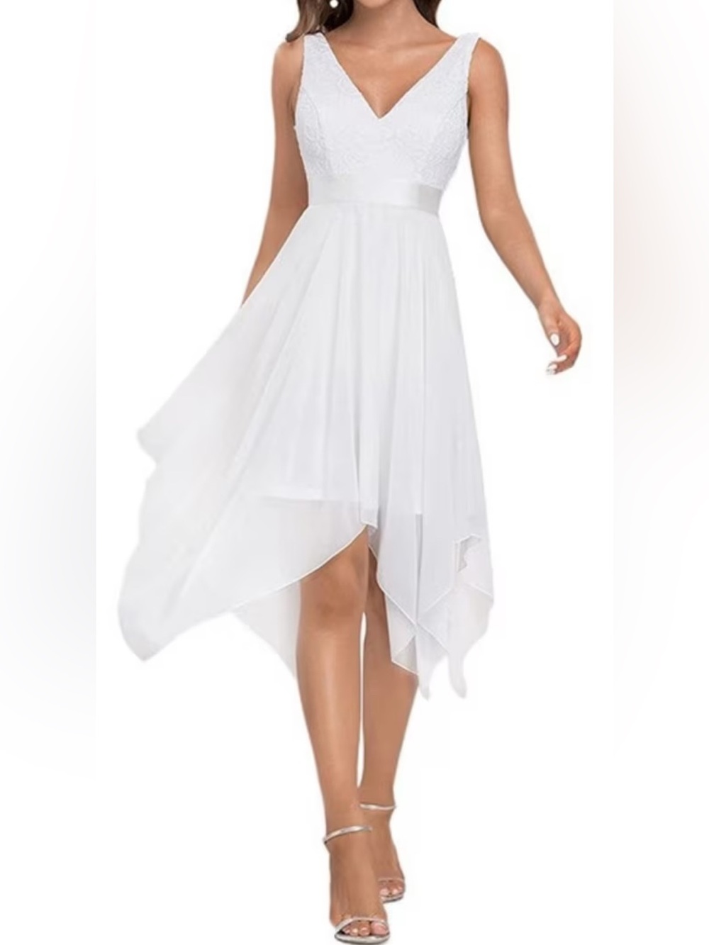 WHITE Sleeveless Lace Overlay V-neck Asymmetrical Dress